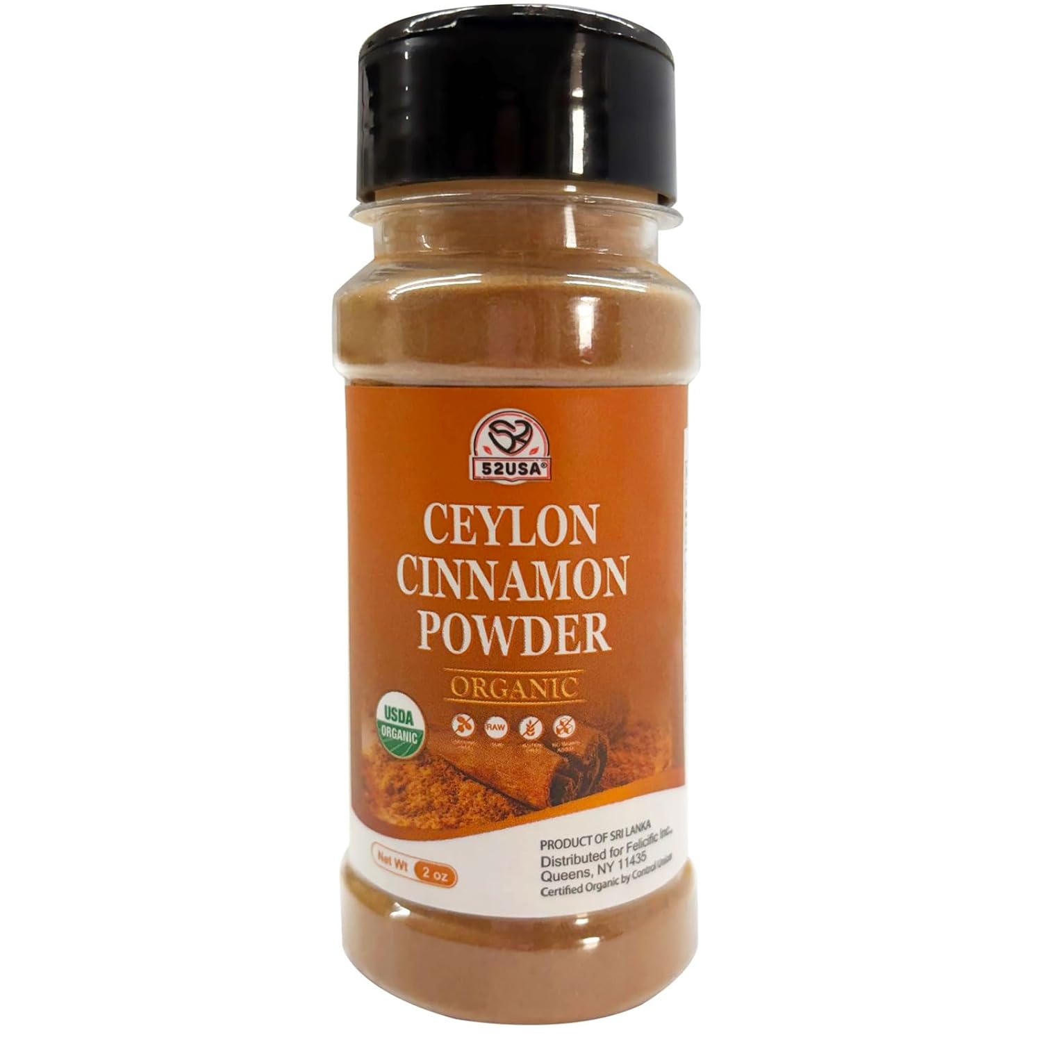 52USA Organic Ceylon Cinnamon Powder, 2 Ounce, True Cinnamon Farmed in Sri Lanka, Non-GMO, Gluten-Free, Perfect for Baking, Cooking and Beverages
