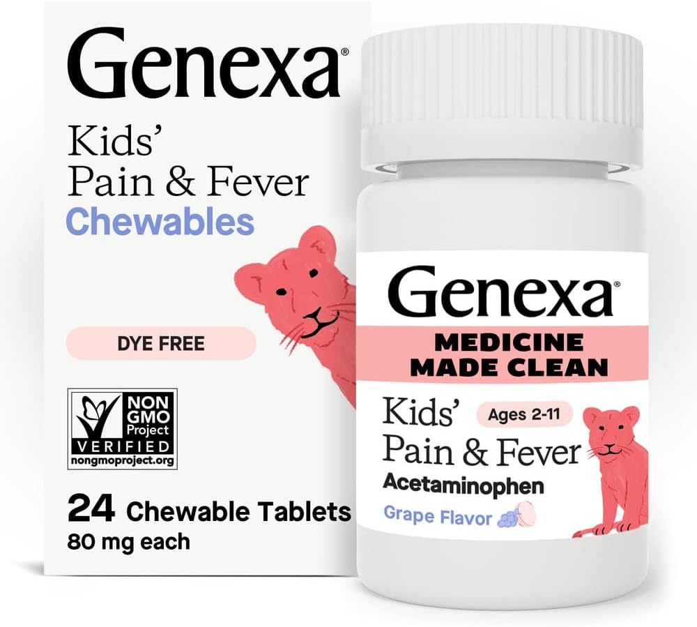 Genexa Kids’ Clean Pain & Fever Acetaminophen Chewables, Dye Free, 0% Artificial Additives, Delicious Grape Flavor, Chewable Medicine for Children 2-11, 80 mg per Tablet, 24ct