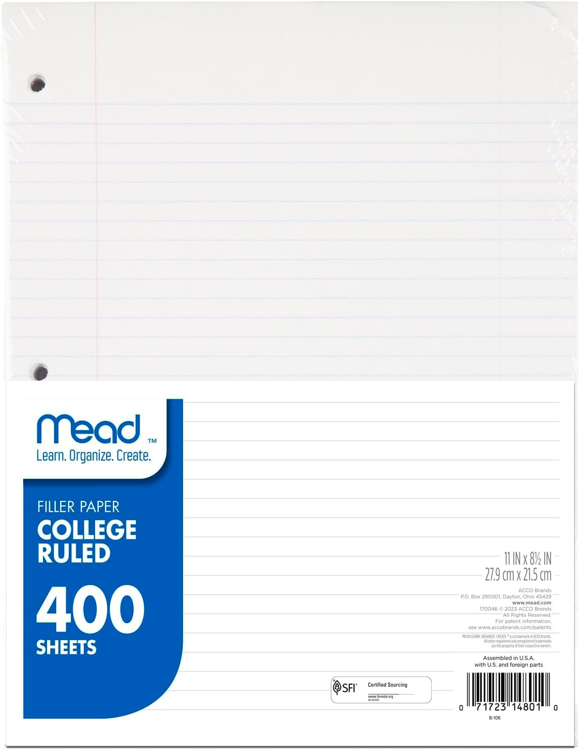 Mead Loose Leaf Paper, Filler Paper, College Ruled, 400 Sheets, 11" x 8-1/2", 3 Hole Punched, 1 Pack (170046-ECM)