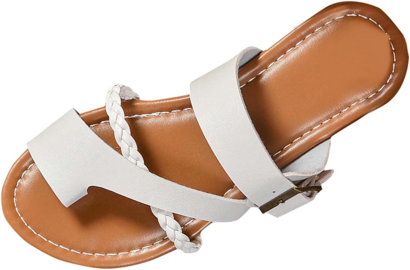 KUIH Sandals for Women, Bunion Corrector Flat Sandals Wide Fit Sliders Ladies Faux Leather Open Toe Slip On Slippers Summer Shoes Orthopedic Travel Holiday Essentials