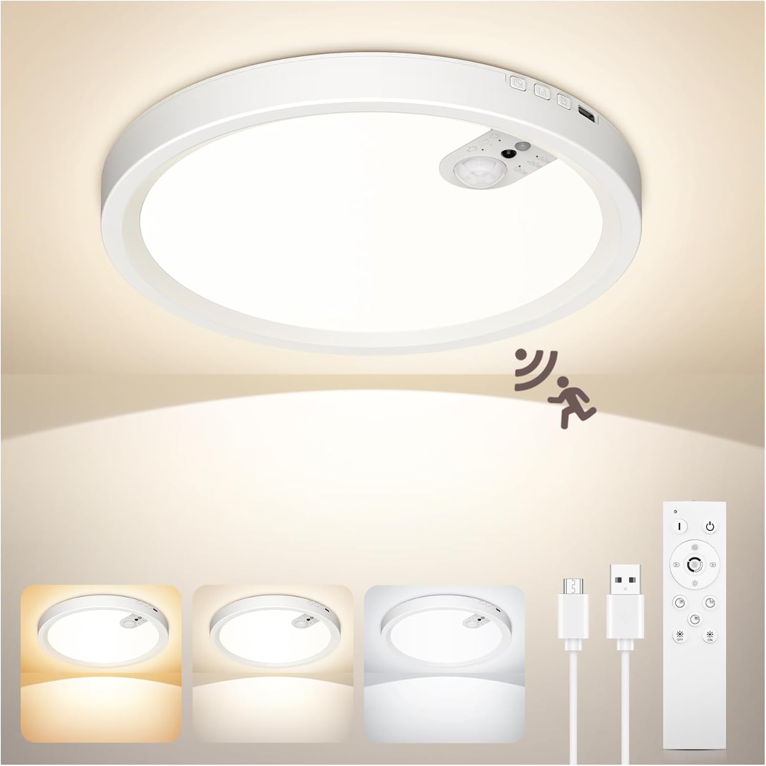 ONEWEST Rechargeable Motion Sensor Ceiling Light with Remote, Cordless 7000mAh Battery Operated Sensor Light Indoor, 3 Colors & 30s/60s/120s Induction Timing for Garage, Shed, Loft, Bedroom, Hallway