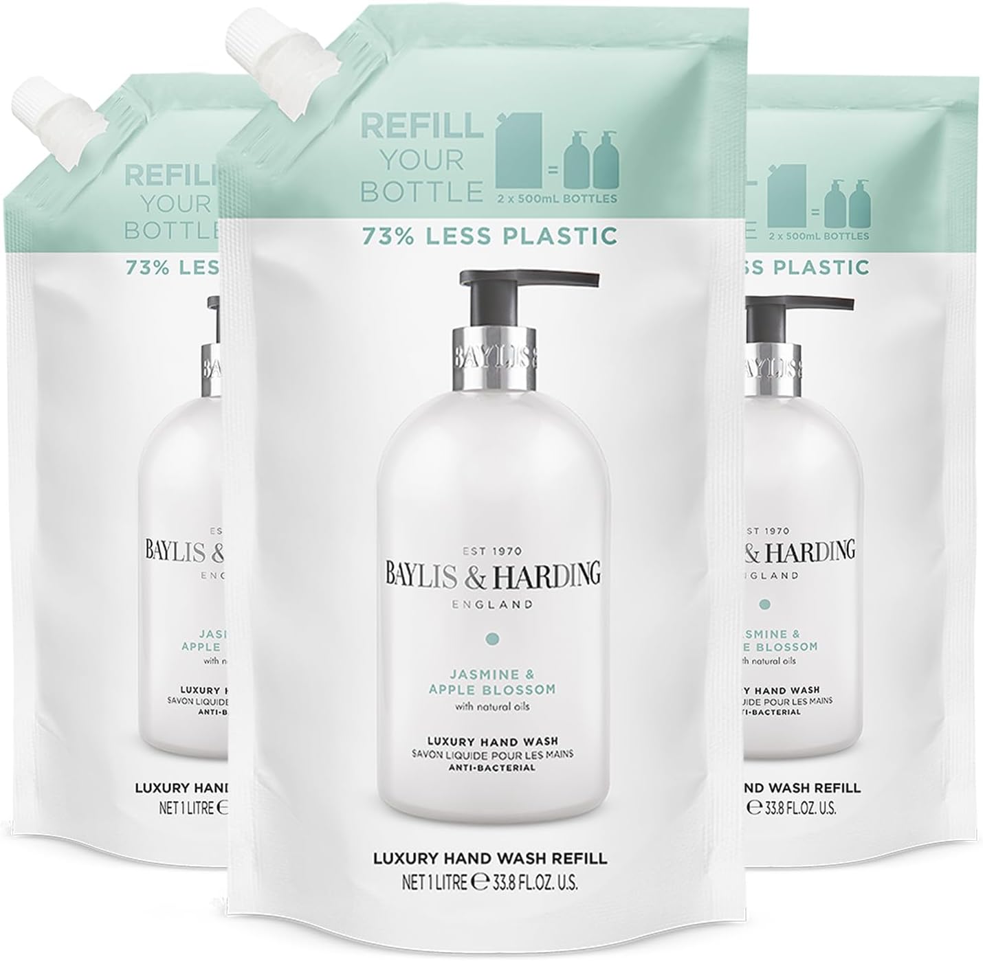 Baylis & Harding Jasmine & Apple Blossom Anti-Bacterial Hand Wash 1 litre Refill Pouch (Pack of 3) - Vegan Friendly