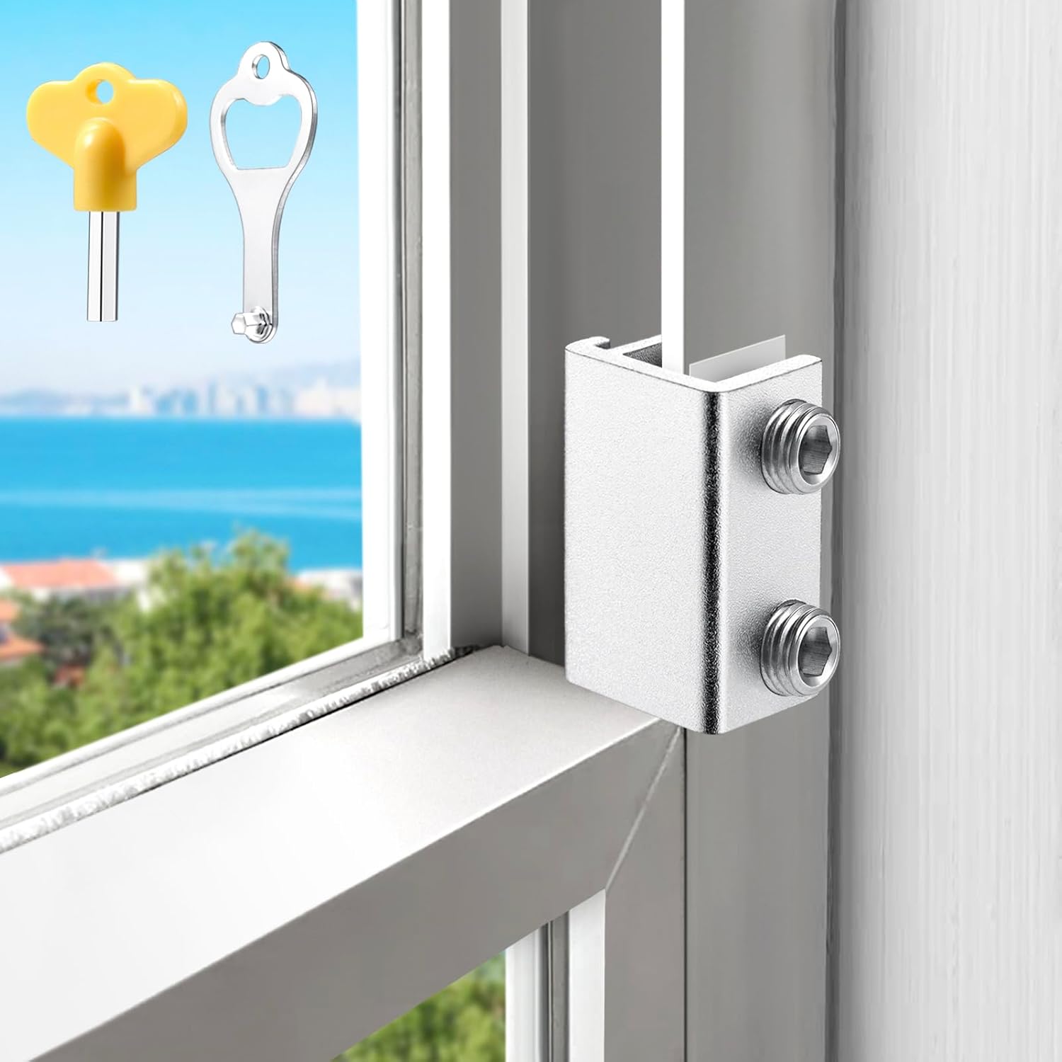Sliding Window Locks (2 Sets), Window Locks for Up and Down Windows and Horizontal Windows, Window Security Bars, Window Security Lock with Key，Adjustable Security Window Lock (Silver)