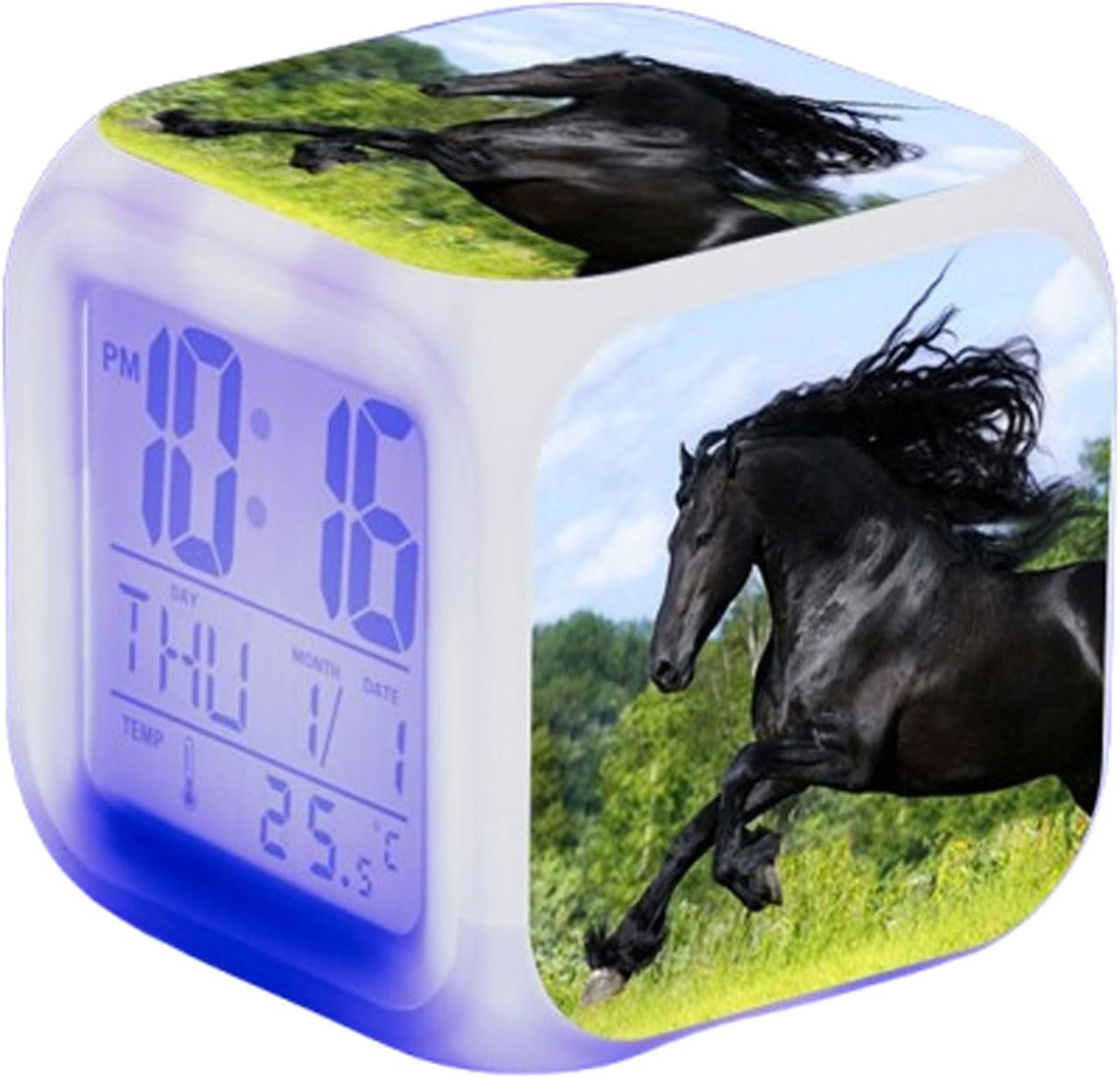 Horse Cute Digital Alarm Clock Cube Wake Up Clocks With 7 Colorful Light,Date,Time,Temp Display,LED Night Light Grow Clock For Toddlers Boys Girls