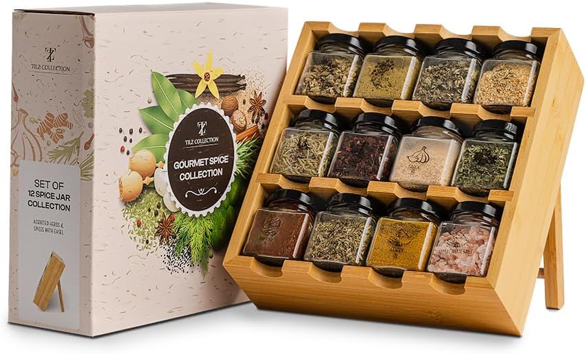 TILZ GEAR Wooden 3-Tier Spice Rack, 12 Filled Glass Jars, 12 Organic Spices Included, Brown
