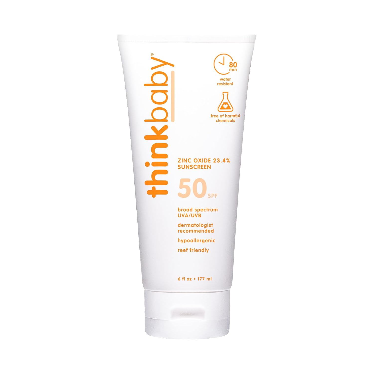 Thinkbaby SPF 50+ Baby Sunscreen, 6 Oz. – Safe, Natural Mineral Sun Cream for Babies - Water Resistant, Broad Spectrum UVA/UVB Sun Protection – Vegan Sunscreen for Kids