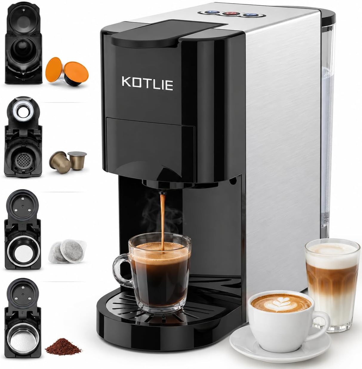 4 in 1 Pod Coffee Machines Compatible with Nespresso Original, Dolce Gusto, Ground Coffee and ESE Coffee Pods, 19 Bar Automatic Espresso Coffee Capsule Machine for Home Kitchen Office, Classic