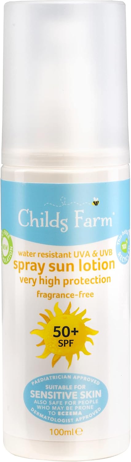 Childs Farm Kids and Baby Sun Lotion Spray SPF 50plus Water Resistant UVA and UVB Very High Protection Suitable for Dry, Sensitive and Eczema-prone Skin 100ml