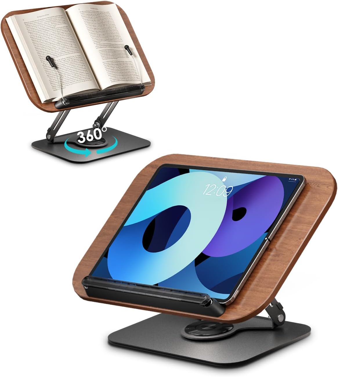 Viozon Book Stand for Reading,Book Holder, Height&Angle Adjustable, 360° Rotating Base, Foldable & Portable, Lightweight for Office, Kitchen, School Textbook, Recipe, Magazine,Tablet, Kindle, Black