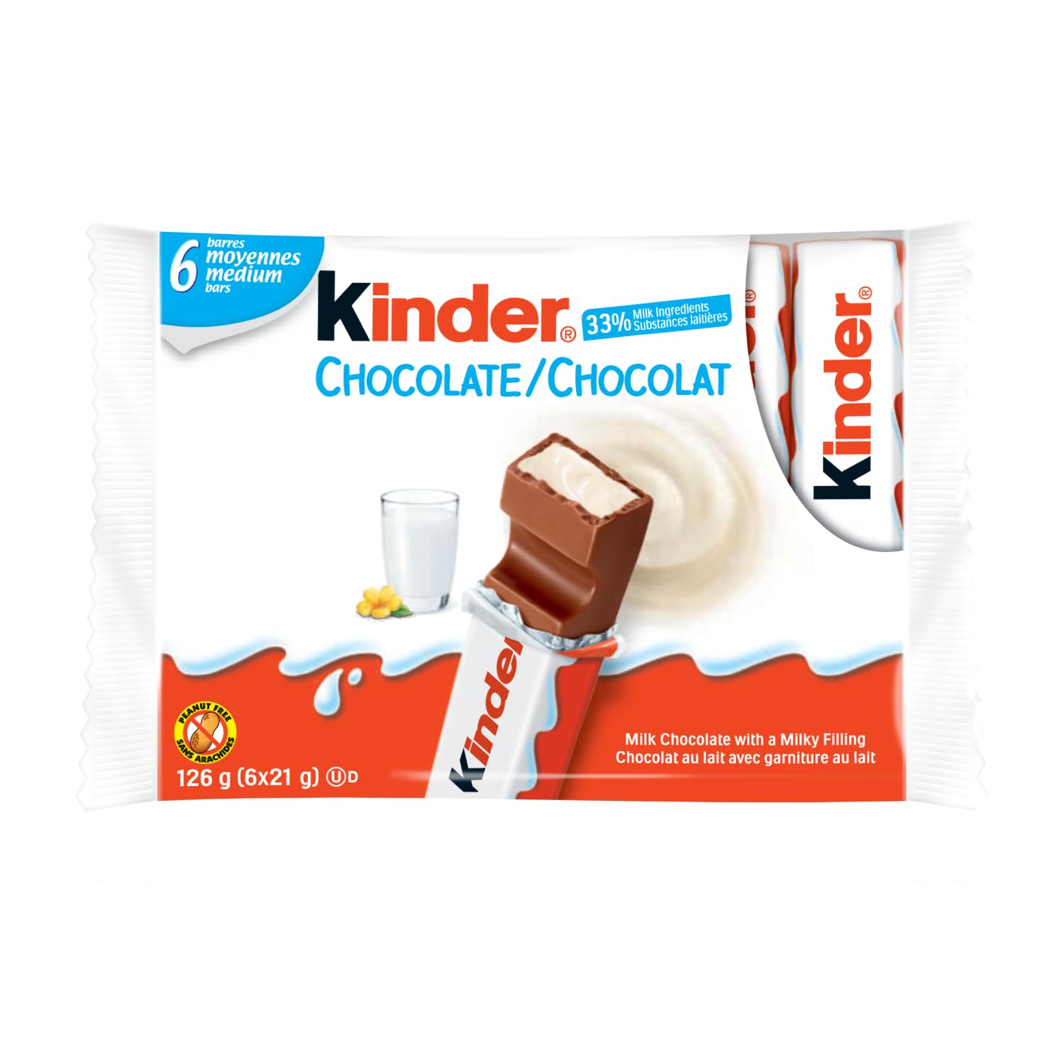 Kinder Chocolate Single Bars, 6-Pack. Individually Wrapped Milk Chocolate Bars (126g)