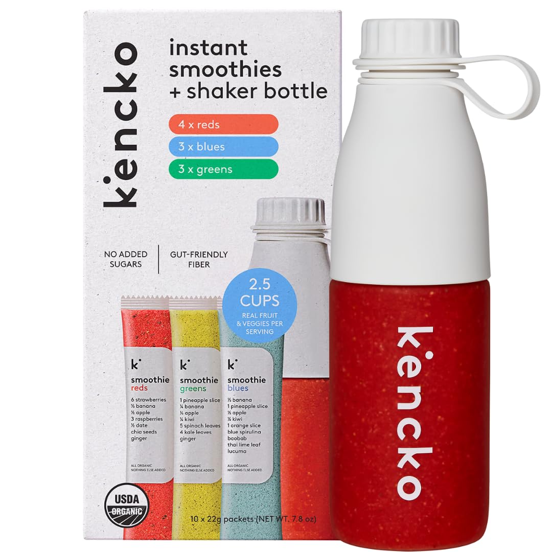 kencko Smoothie Mix Starter Kit - 10 Instant Breakfast Smoothies + Reusable Bottle - 100% Organic Fruit And Vegetable Superfoods, Natural, Healthy Vegan and Gluten Free - Freeze Dried Smoothie Powder