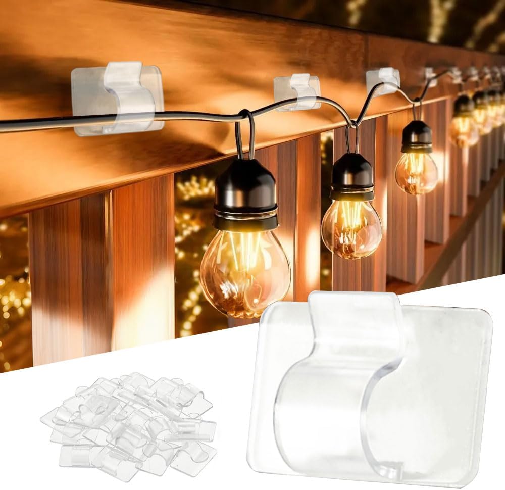 Dazzle Bright Hooks for Outdoor String Lights Clips, 15Pcs Heavy Duty Cable Clips Waterproof Adhesive Strips for Hanging Christmas Light, Outside UV-Resistant Clear Sticky Cord Holders Rope Organizer