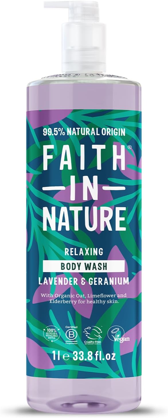 Faith In Nature 1L Natural Lavender & Geranium Body Wash, Relaxing Shower Gel, Vegan and Cruelty Free, No SLS or Parabens, Family Sized