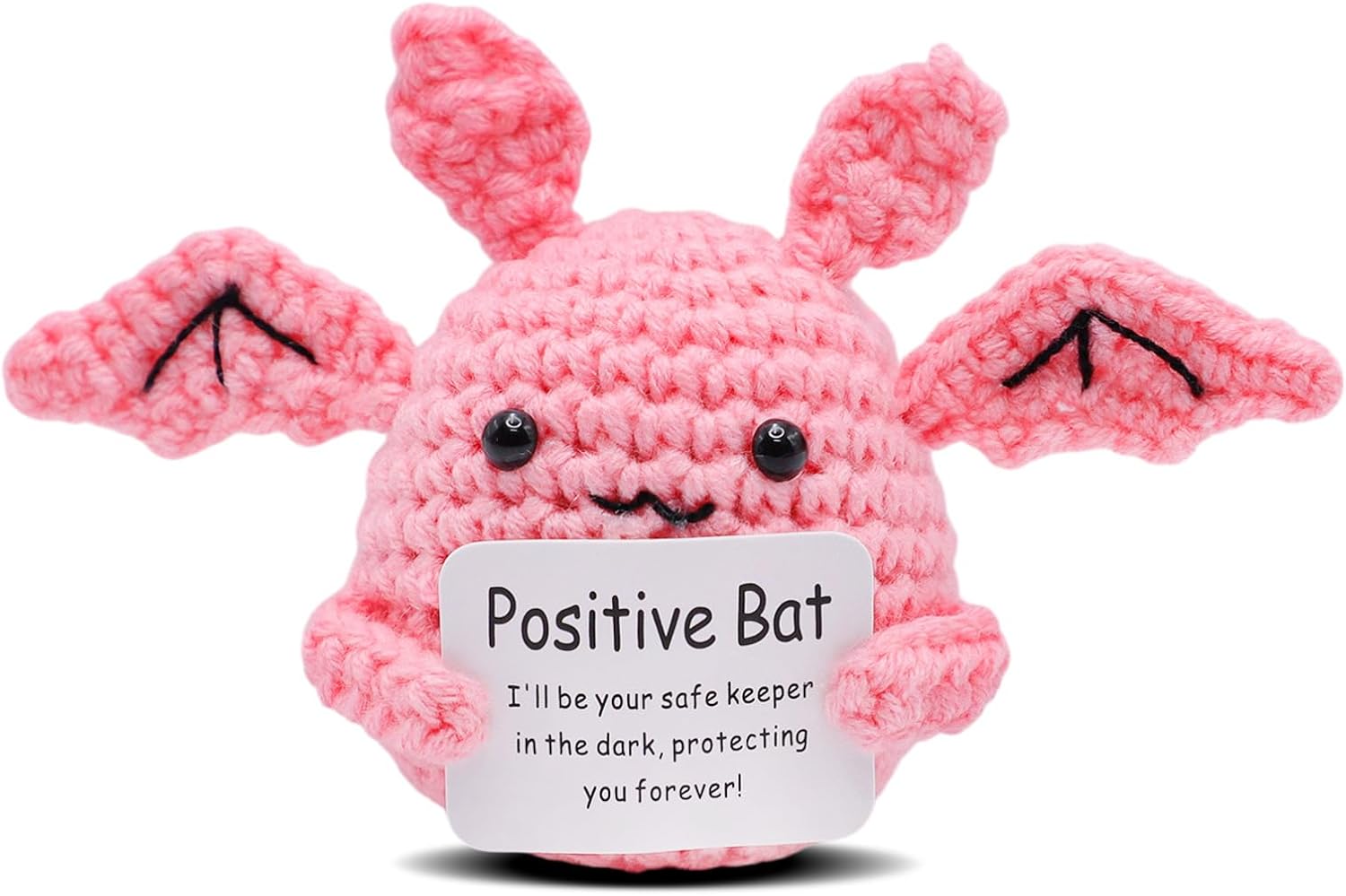 Handmade Pink Crochet Bat - Soft Knitted Emotional Support Companion with Positive Affirmation Card,Encouragement Gift for Adults, Friends, Coworkers, Birthday, Christmas, Home Decor