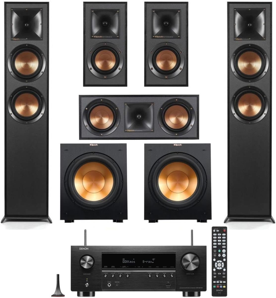 Klipsch Reference 5.2 Home Theater System, Bundle 2X R-625FA Floorstanding 2X R-12SW Subwoofer, R-52C Center, R-41M Bookshelf Speakers, and Denon AVR-S770H 7.2-Channel 8K Network AV Receiver
