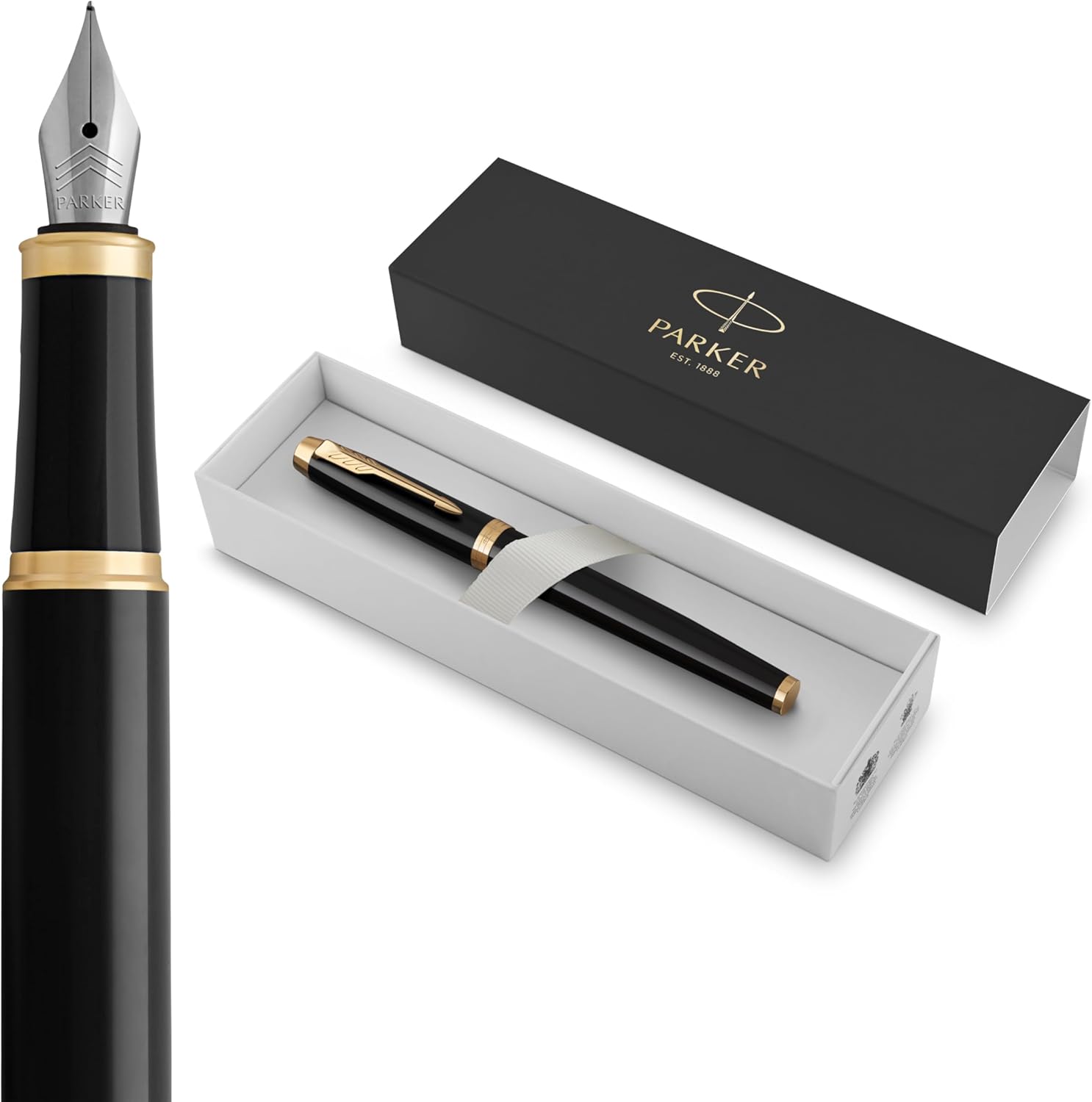 Parker IM Fountain Pen, Black Lacquer with Gold Trim, Fine Nib, Blue Ink Refill, Elegant Gift Box
