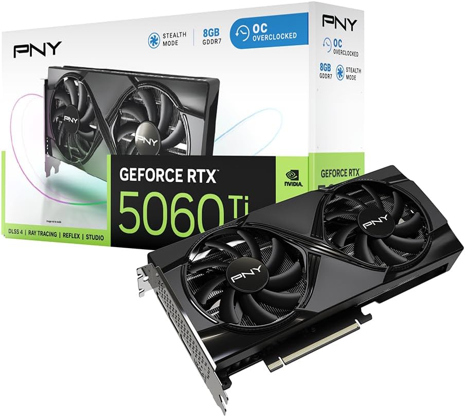 PNY NVIDIA GeForce RTX™ 5060 Ti OC Dual Fan, Graphics Card (8GB GDDR7, 128-bit, Boost Speed: 2692 MHz, SFF-Ready, PCIe® 5.0, HDMI®/DP 2.1, 2-Slot, NVIDIA Blackwell Architecture, DLSS 4)
