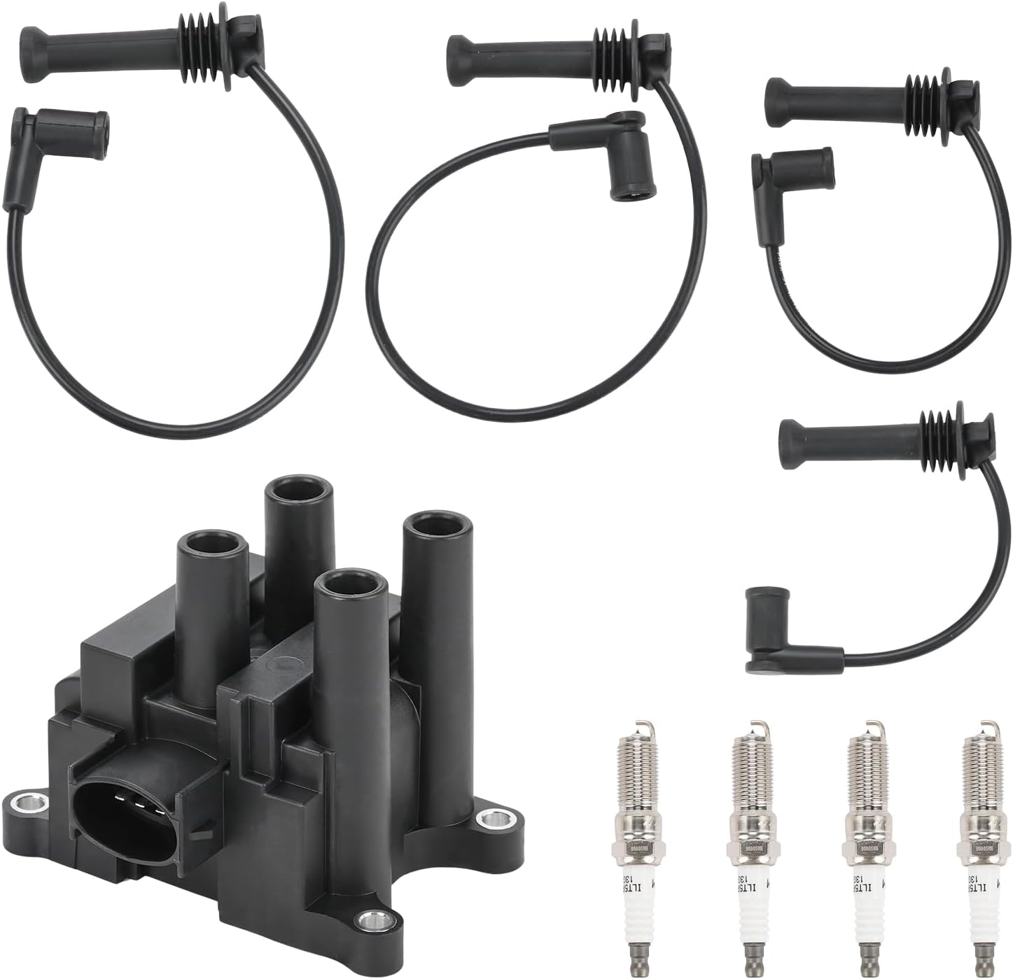 JDMON 1 Ignition Coil with 4 Spark Plugs and 4 Wires Compatible with Ford Contour, Escape, Focus, Mazda Tribute, Mercury Mystique 1999-2004 L4 2.0L Replacement for FD497 1067601 1075786 1119835