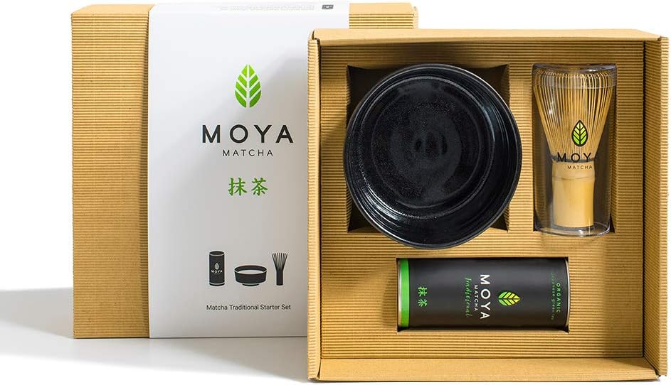 Organic Moya Matcha Green Tea Set | 30g Traditional Grade (II) Pack + Black Bowl + Whisk | Traditional Grade Gift Powder Green Preparation Starter Basic Kit