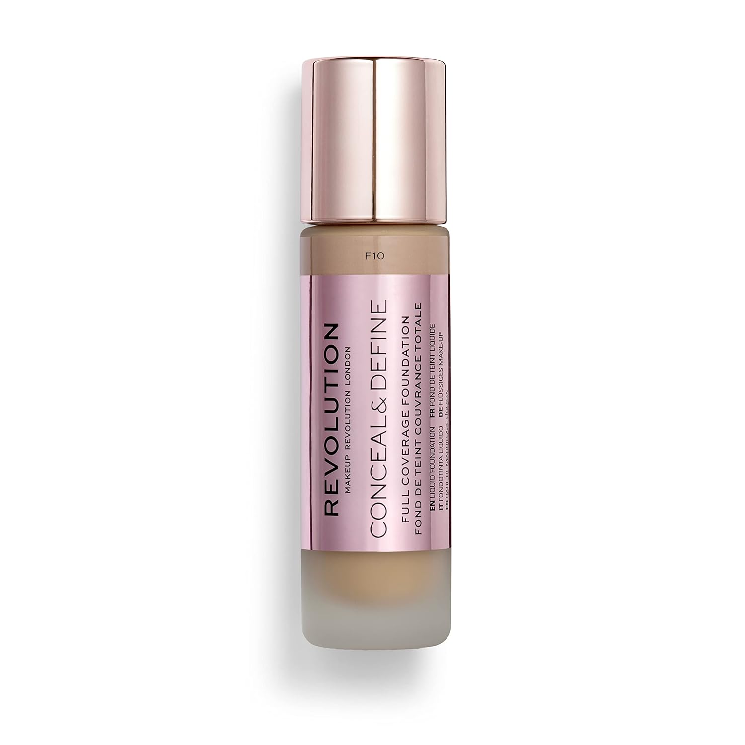 Makeup Revolution Conceal & Define Foundation, Cream Foundation Makeup, Full Coverage, For Medium Skin Tones, Vegan & Cruelty-Free, F10, 23ml