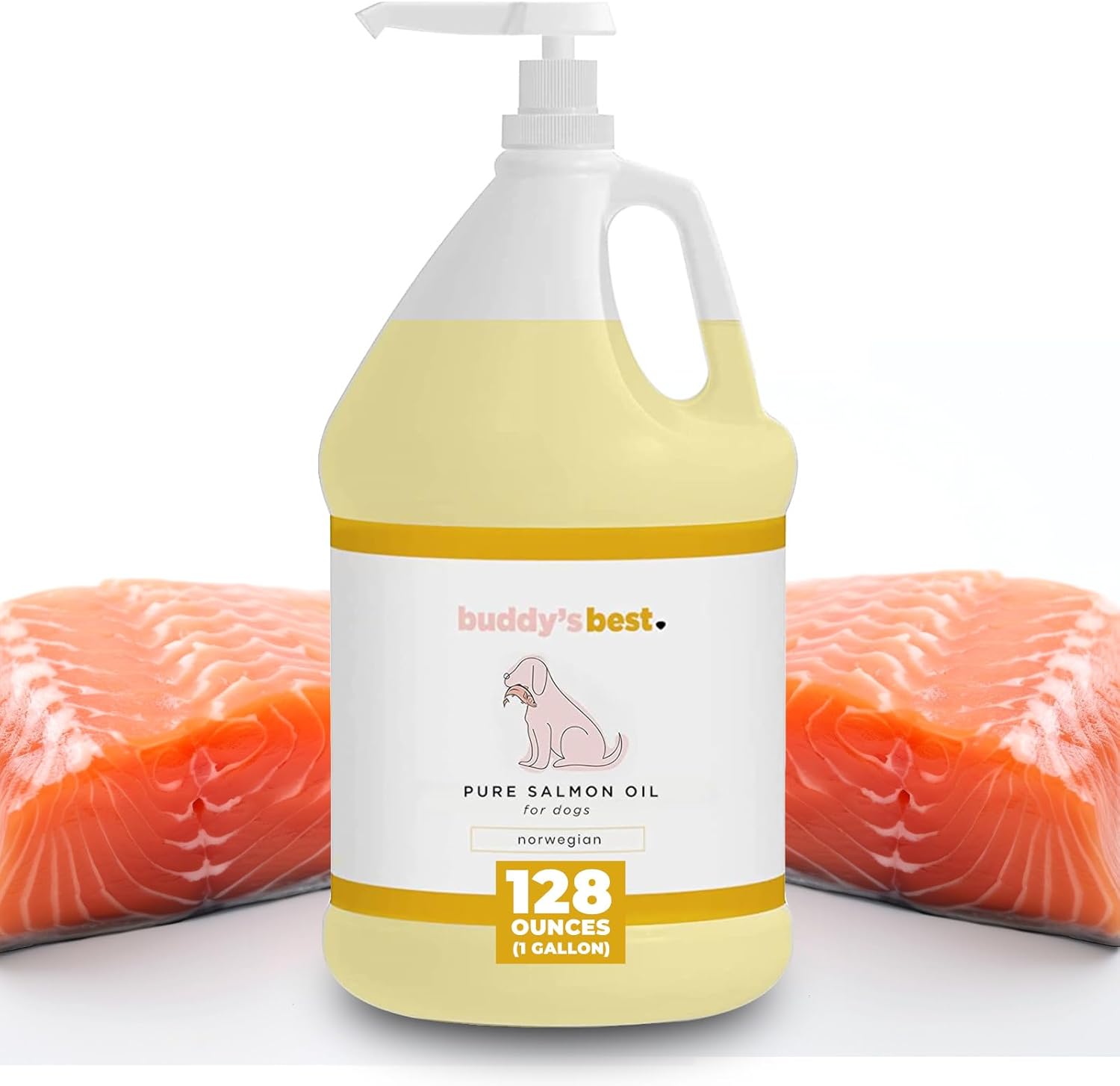 Buddy's Best, Salmon Oil for Dogs - 100% Pure Norwegian Virtually Odorless Fish Oil - Omega-3 Supplements for Dogs & Cats - Promotes Healthy Skin and Coat - Dog Food Oil in Pump Bottle (1 Gallon)