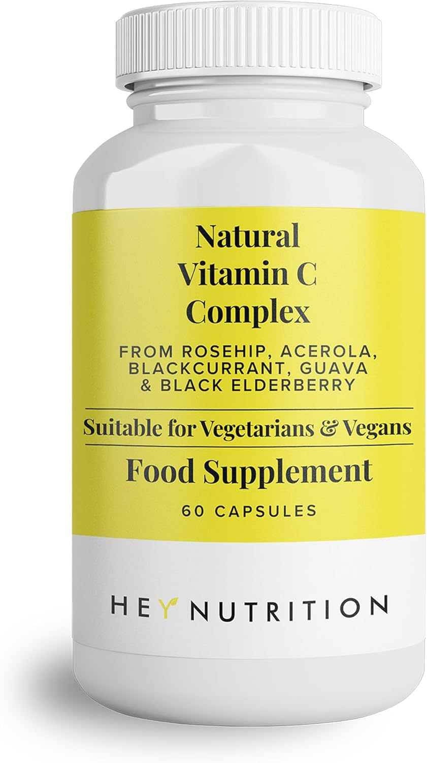 Hey Nutrition Natural Vitamin C 250mg Complex from Rosehip, Acerola, Blackcurrant, Guava, and Elderberry - Immune Function, Stress, Metabolic Health, & Fatigue - Non-GMO, 60 Vegan Capsules