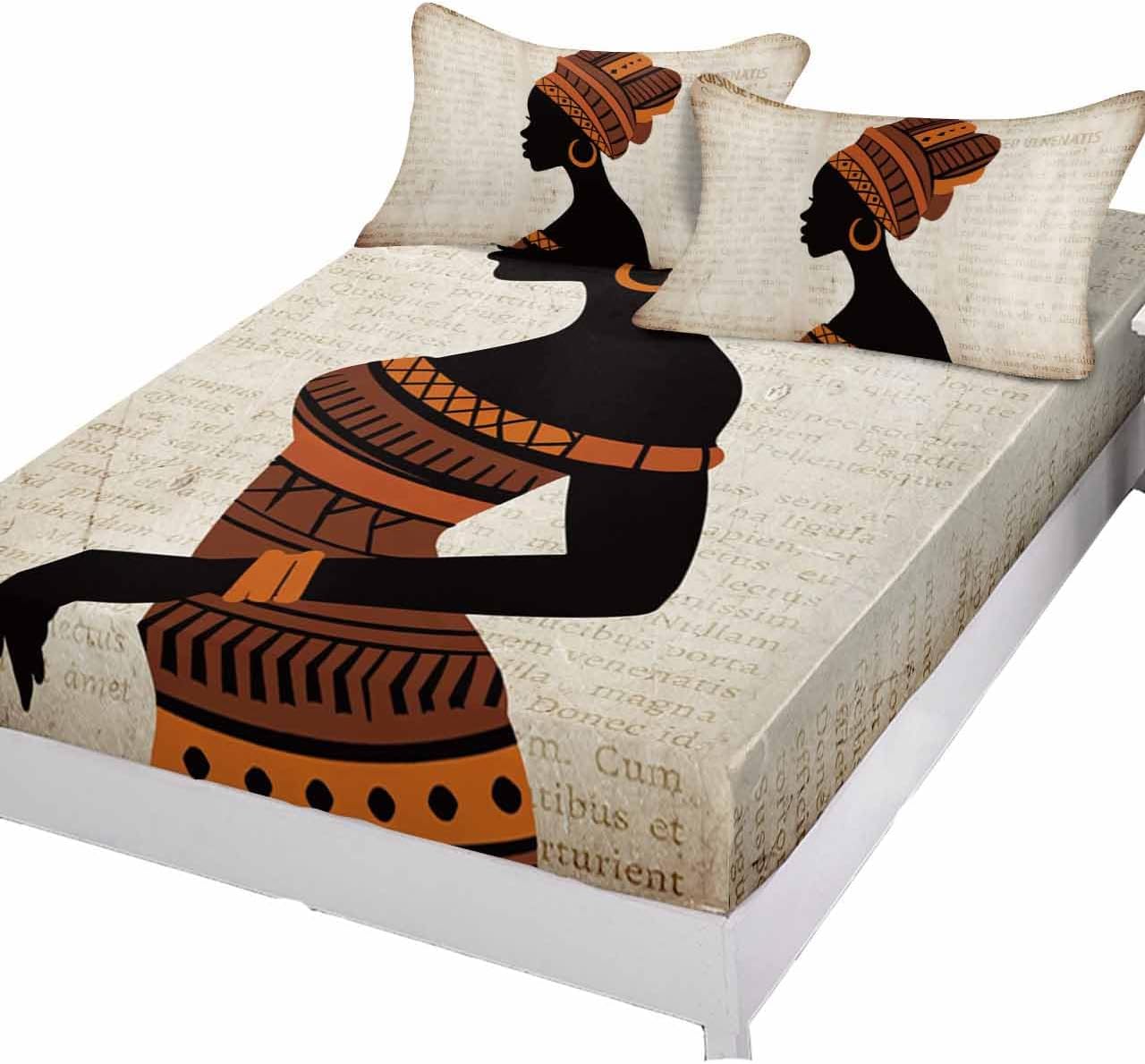 Fitted Sheets Elastic Deep Pocket Bed Sheet Cal King, African Black Women on Vintage Soft Bed Sheets Set,Nation Geometric Pattern Mattress Cover Up Hotel Luxury Fitted Sheet Pillowcase for Bedroom