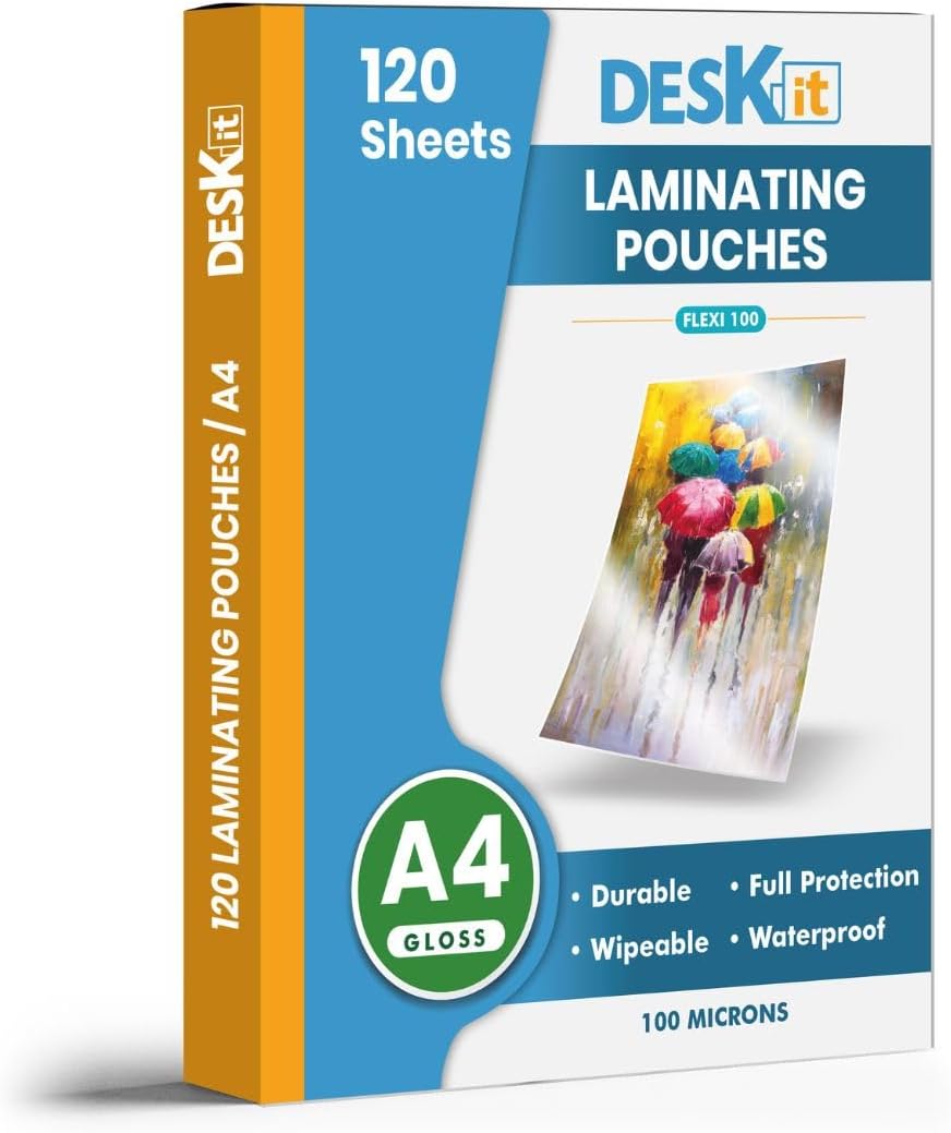 Deskit Laminating Pouches A4, Glossy, 120 Sheets, 100 Microns - Clear and Durable Presentations - Flexible Rigidity for Everyday Use