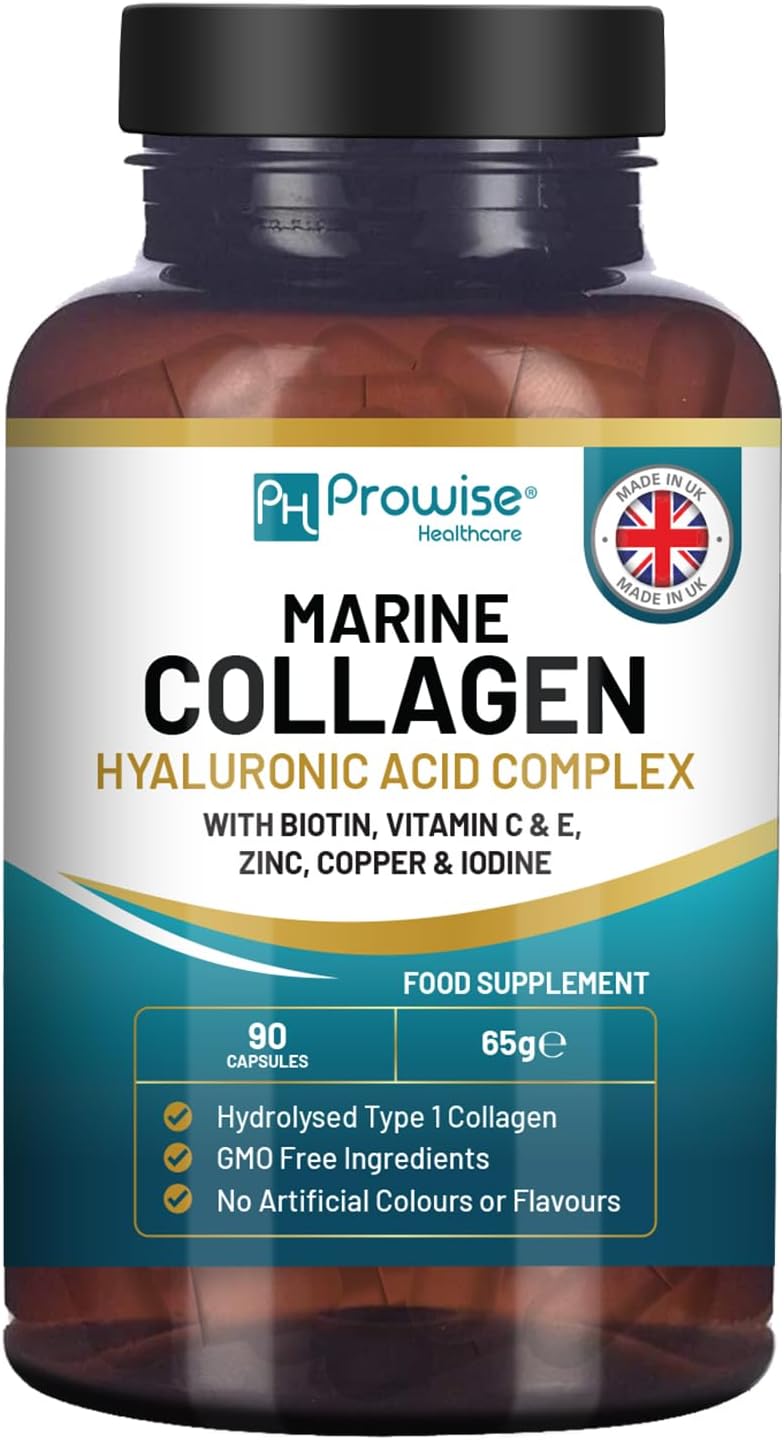 Marine Collagen with Hyaluronic Acid 1100mg - 90 Capsules Boosted with Hyaluronic Acid, Vitamins C, E, B2, Biotin, Copper, Zinc and Iodine | for Women and Men | Made in The UK by Prowise Healthcare