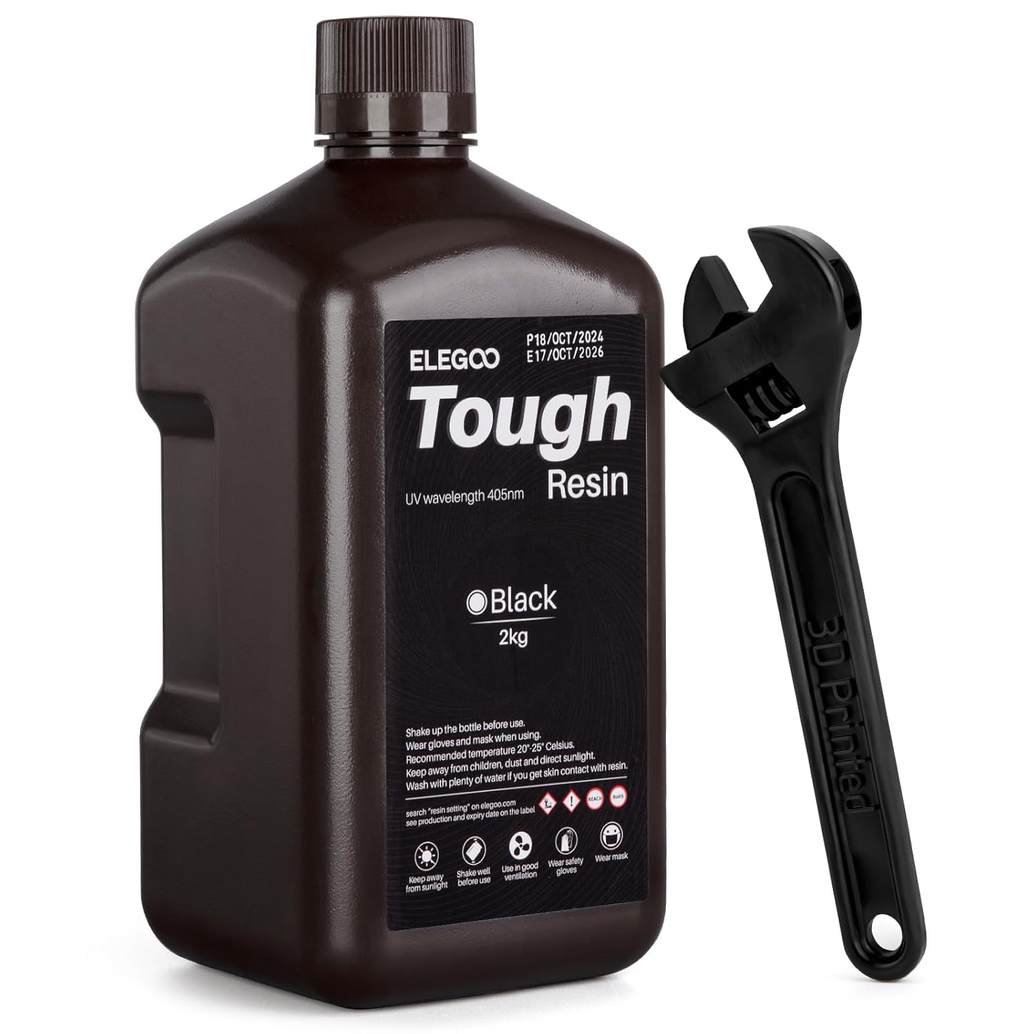 ELEGOO Tough 3D Printer Resin, LCD UV-Curing Photopolymer Resin with High Precision and Low Shrinkage for 8K Capable LCD/DLP/SLA 3D Printing(Black, 2kg)