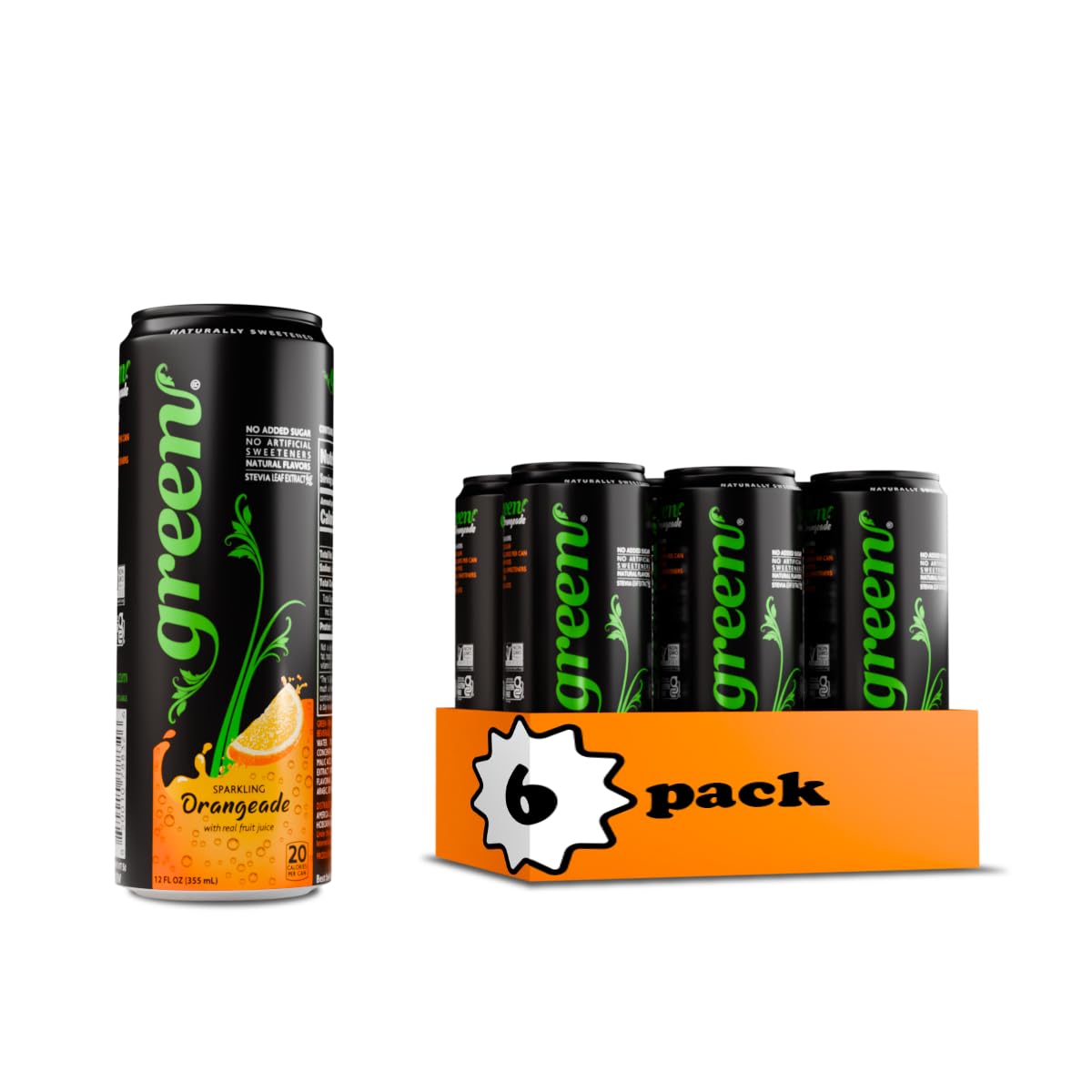 Green Orangeade - No added Sugar, 10% Real Orange Juice, 20 Calories per can, Naturally Sweetened with 100% Stevia Leaf Extract, Carbonated Soda, 12 Fl Oz each can - Pack of 6