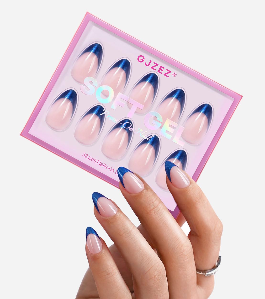 Royal Blue Press On Nails Short - GJZEZ Soft Gel Metallic Navy French Tips Stick On Fake Nails, Chrome Mirror Almond Glue On False Nail | 16 Sizes - 32pcs Reusable Nail with Glue, Deep Ocean
