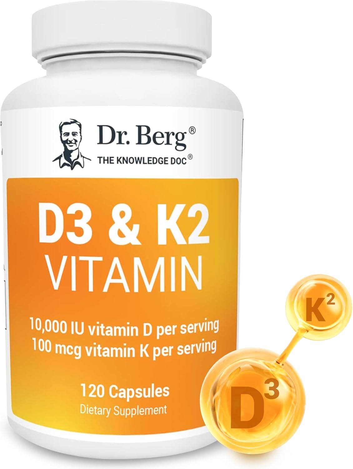 Dr. Berg Vitamin D3 K2 w/MCT Powder - Includes 10,000 IU of Vitamin D3, 100 mcg MK7 Vitamin K2, Purified Bile Salts, Zinc & Magnesium for Ultimate Absorption - K2 D3 Vitamin Supplement - 120 Capsule