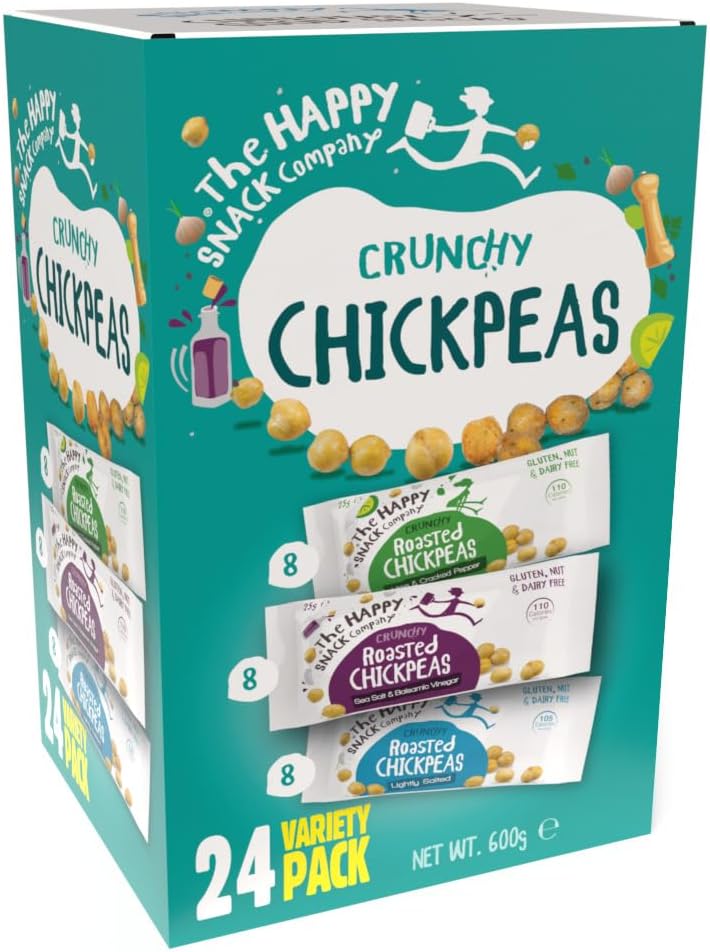 The Happy Snack Company Roasted Chickpeas Variety Pack 24 x 25g (Sea Salt & Balsamic Vinegar, Lime & Cracked Pepper, Lightly Salted). 5g Protein,110 Cals. Gluten, Nut & Dairy Free, Non-GMO, Vegan.