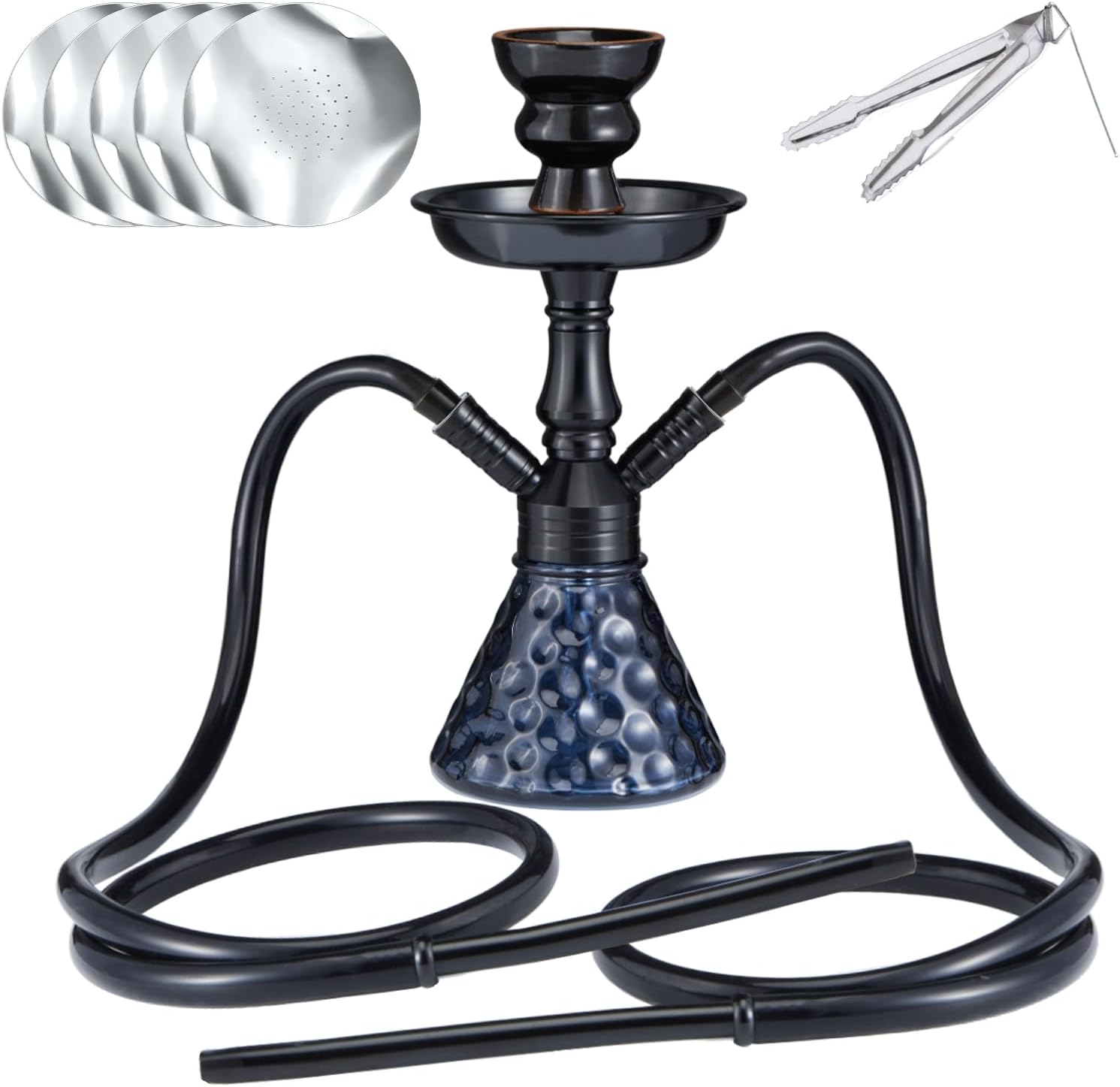 Hookah Set with everthing - GRENAOH 12" Premium Small Shisha Hookahs Complete Set include Aluminum Alloy Stem Big Ceramic Bowl 2 Silicone Hoses (black)