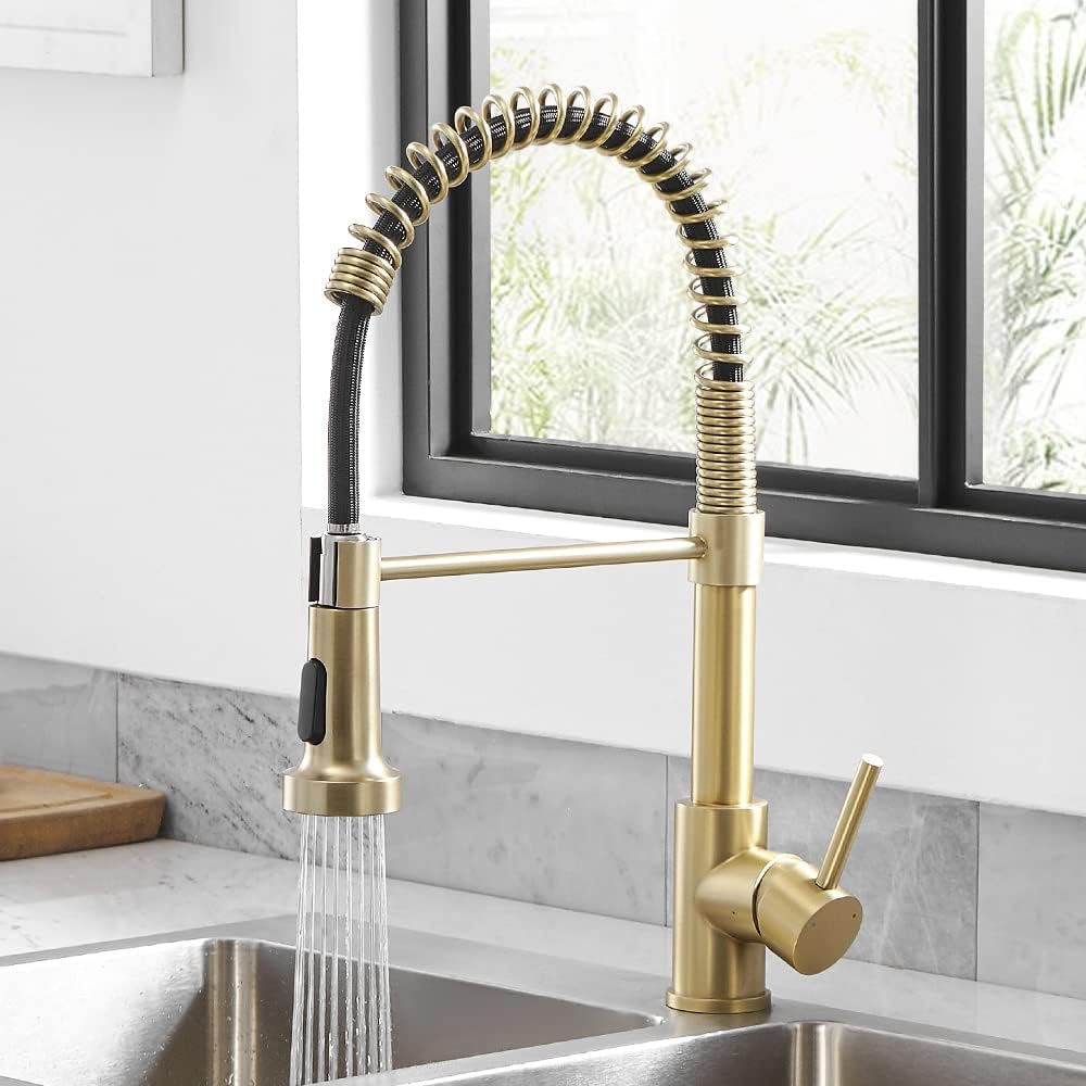 Kitchen Faucets with Pull Down Sprayer 304 Stainless Steel Industrial Single Handle One Hole Faucet for Farmhouse Camper Laundry Utility Rv Wet Bar Sinks Gold 9009K