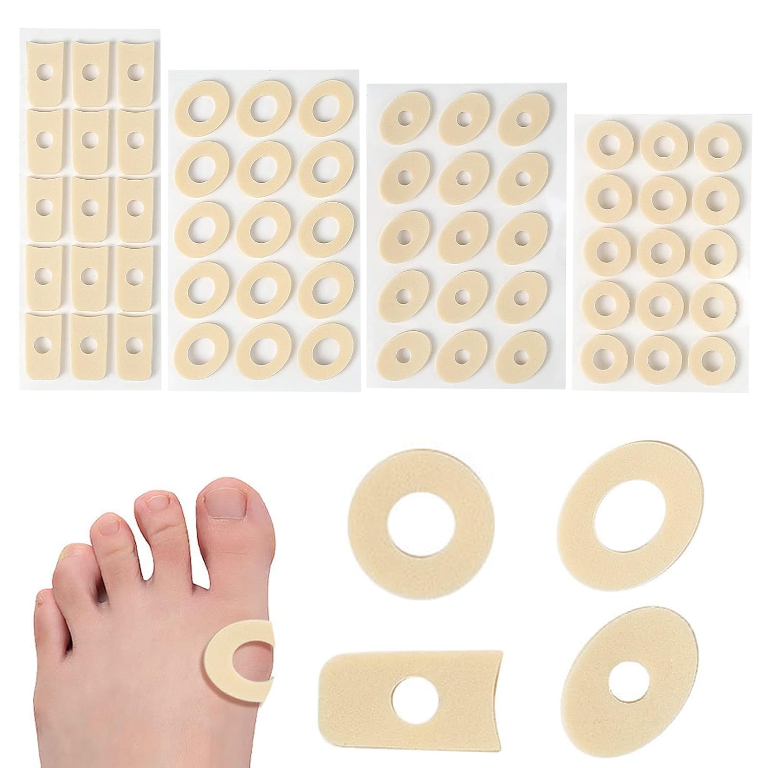 60 Pieces Corn Cushions, Soft Latex Foam Self Adhesive Callus Pads Corn Pad Anti Friction Reduce Foot and Heel Pain, 4 Models (60 Pieces)