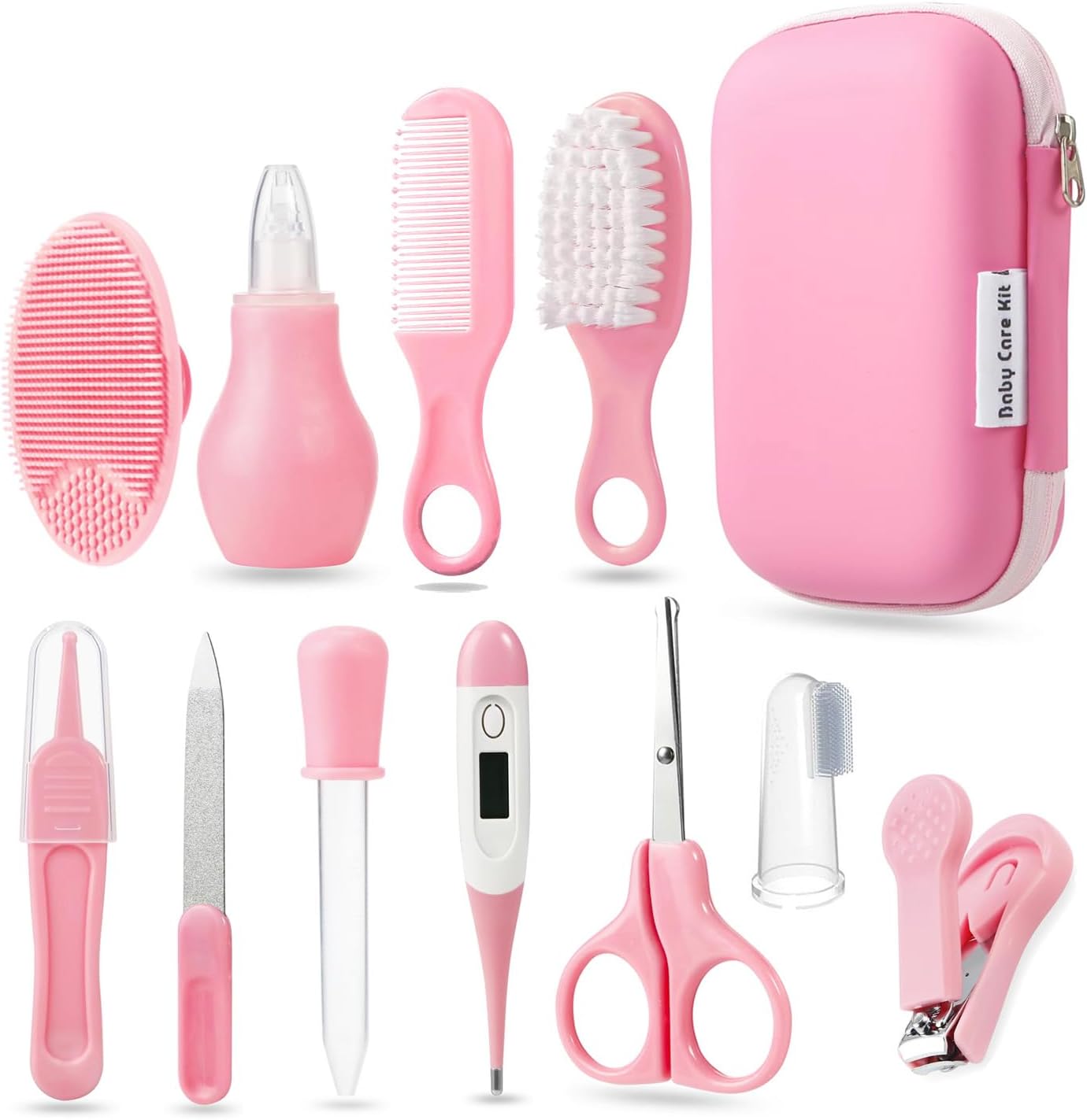 PandaEar Baby Healthcare and Grooming Kit, Baby Safety Set Baby Comb, Brush, Finger Toothbrush, Scissors, Nasal Aspirator, Baby Essentials Nursery Care Kit (Pink)