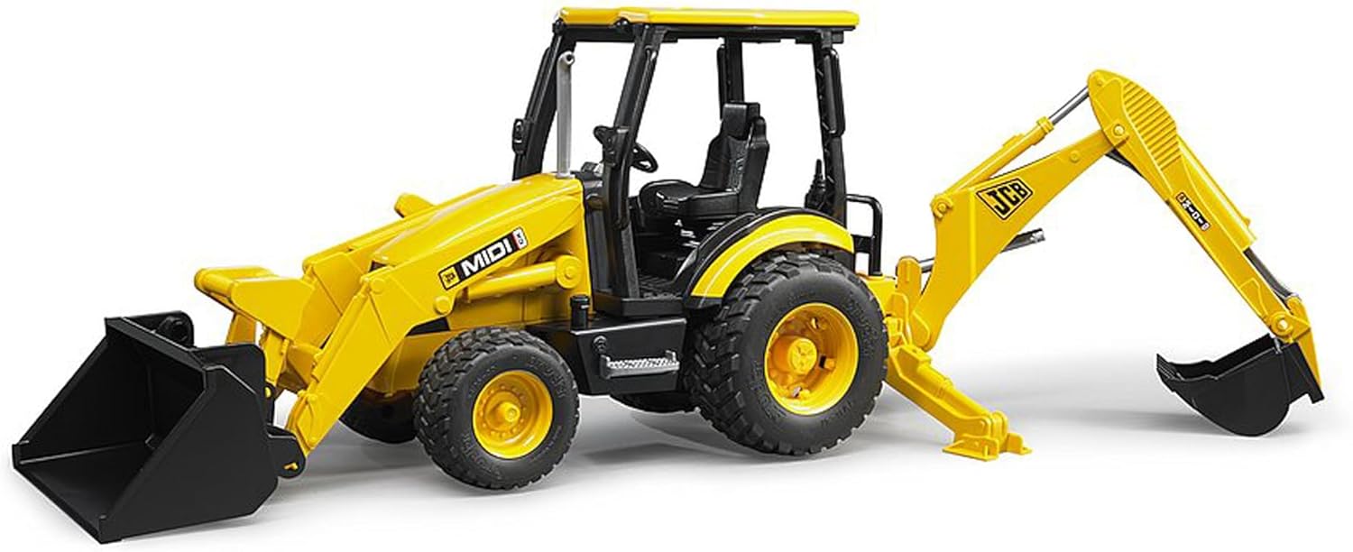 Bruder Toys - Construction Realistic JCB MIDI CX Backhoe Loader with Changeable Front Loader and Backhoe Loader Scoop - Ages 3+