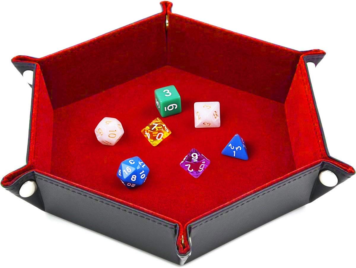 SIQUK Double Sided Dice Tray Folding Hexagonal PU Leather and Burgundy Velvet Dice Holder for Dungeons and Dragons RPG D&D Table Games