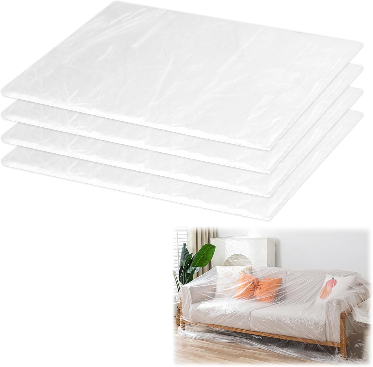 4Pcs Large Plastic Dustproof Sheets, 4x5m Painters Masking Film Shields, 80m² Transparent Decorating Polythene Sheeting with 1.5m Tape Measure, Clear Dust Sheets for Furniture Cabinet Covering