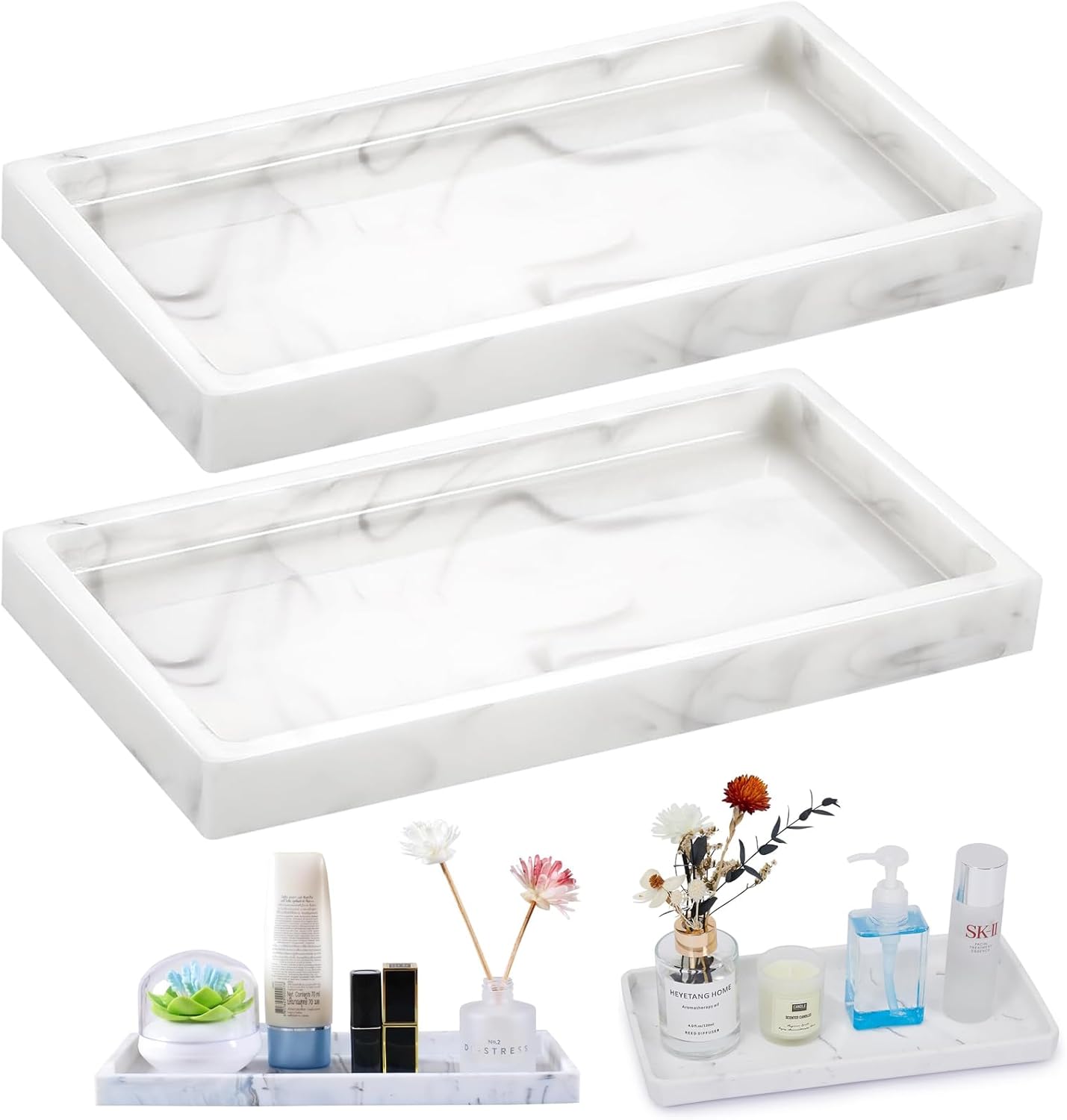 XINSUO® 2 Pieces Trays for Cosmetics Rectangular,Shatterproof Bathroom Tray,Vanity Tray,For Fabric Candles,Towels,Small Cosmetics(20 x 10 cm,Marble white)