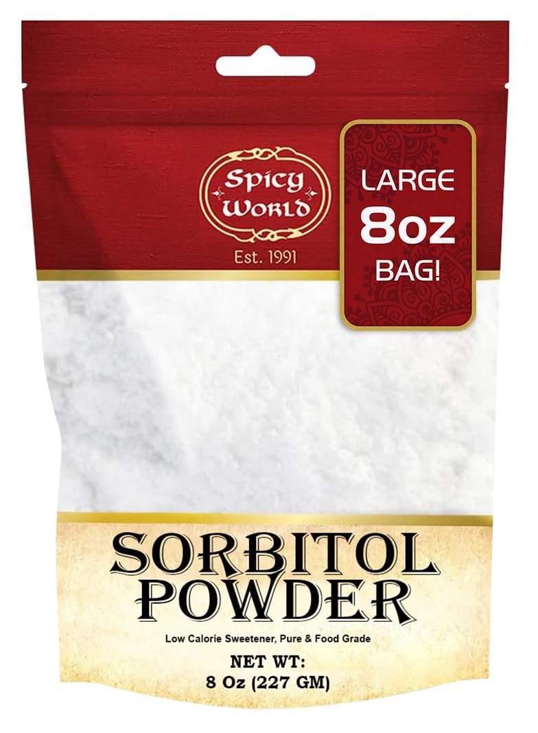 Spicy World Pure Sorbitol Powder 8 Oz Bag - Food Grade, Low Calorie Sweetener, Sugar Substitute, Thickening Agent - Packaged in USA