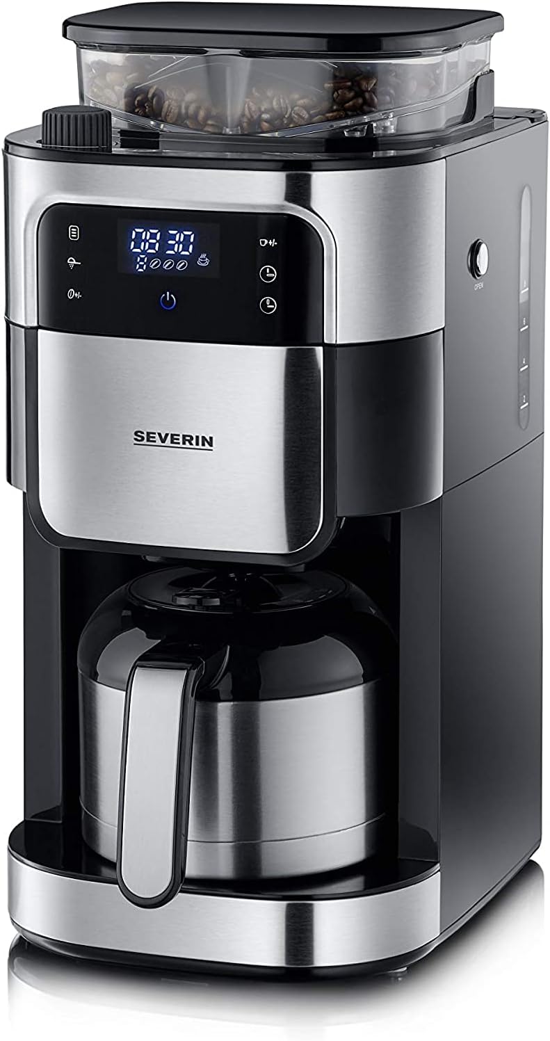 SEVERIN KA 4814 Filter Coffee Machine with Stainless Steel Grinder and Thermal Jug, Finest Grinding and Individually Selectable Grinding Degree, 1000 W, for up to 8 Cups/Approx. 1 Litre, Black