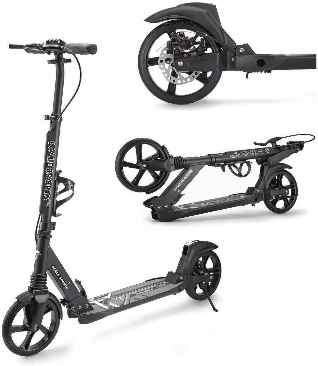 Scale Sports Kick Scooter – Foldable 2-Wheel Scooter for Kids Age 8–12, Teens & Adults, Adjustable Handlebar, 200mm Big PU Wheels, Disc & Foot Brakes, Carry Strap, Double Shock Absorption, up to 100kg