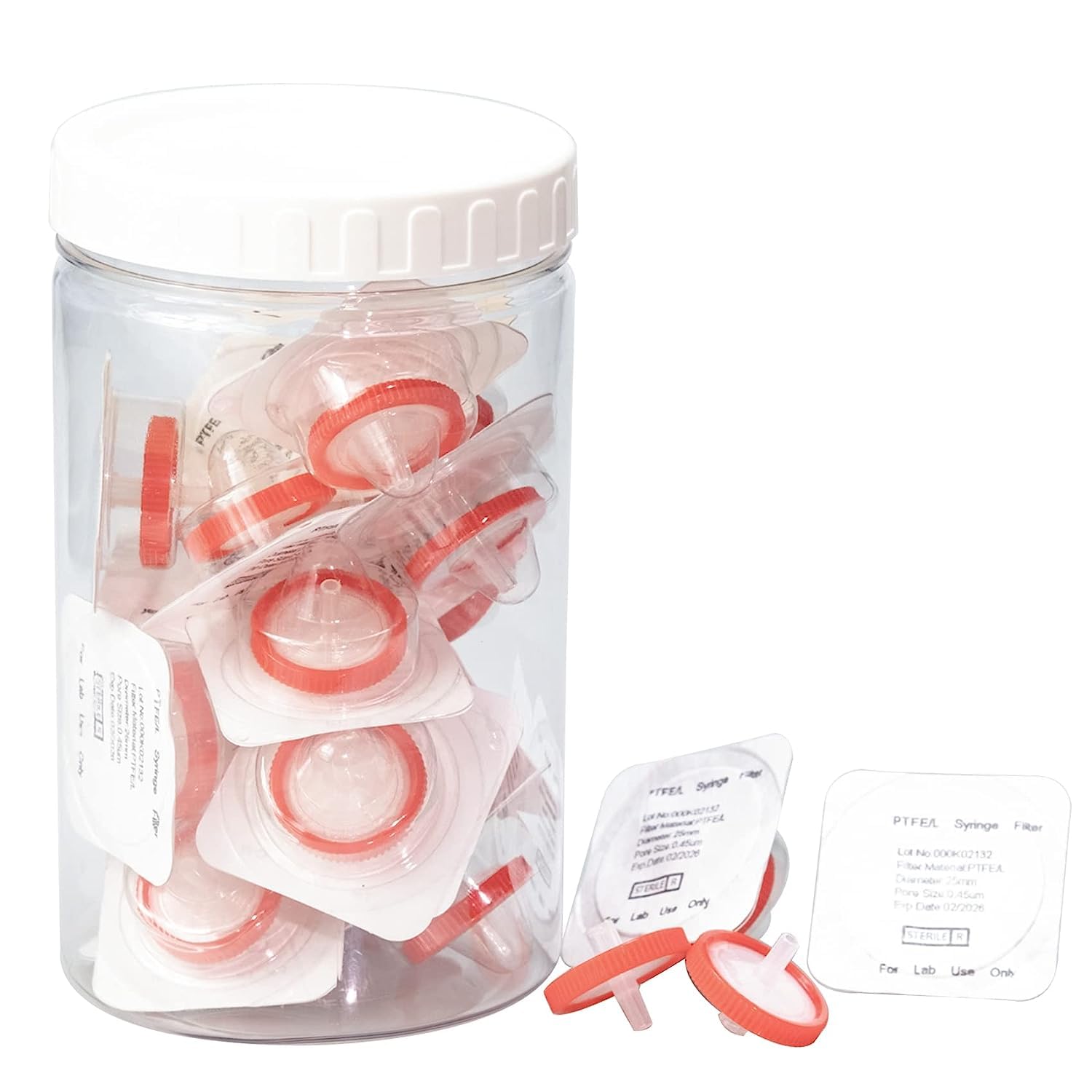 20 Pack Syringe Filter Sterile PTFE Hydrophilic Membrane 25mm Diameter 0.45um Pore Size, HPLC and GC Needle Filter, High Throughput Lab Filtration, Barreled Packed