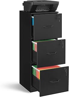 VASAGLE 3 Drawer File Cabinet, File Cabinet with Lock, Printer Stand, Office Filing Cabinet Organizer, for A4 and Letter Size Files, Ink Black UOFC055B16