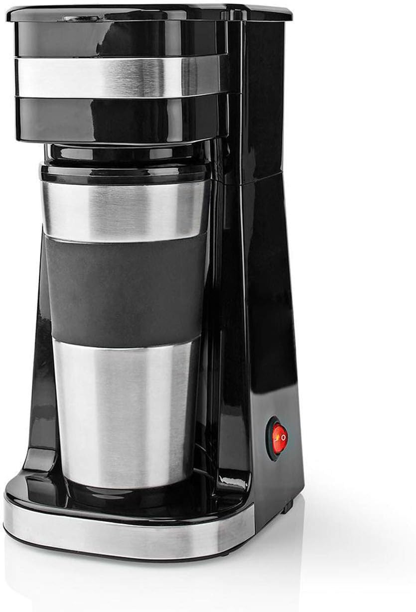 Ex-Pro Single Serve Coffee 1 Cup Maker Machine and Double Wall Insulated Travel Mug, Stainless Steel, 420ml - Silver/Black