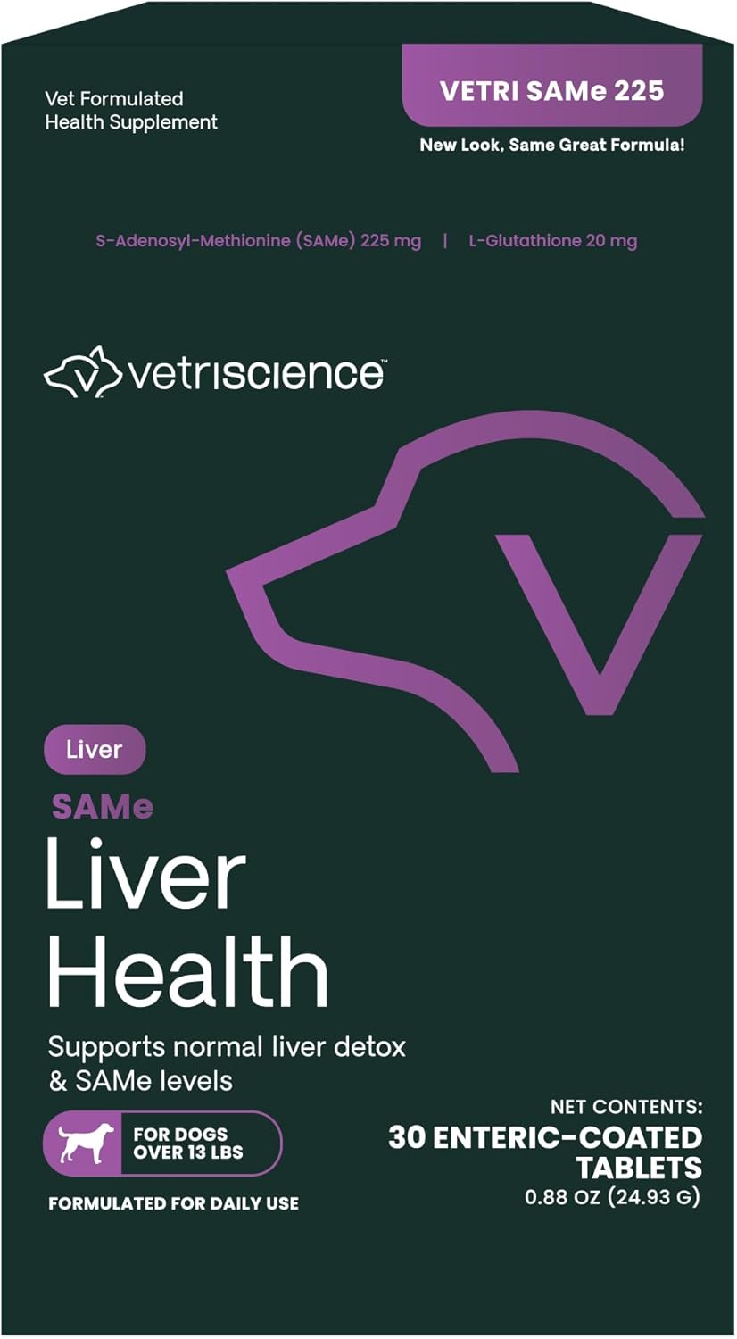 VetriScience SAMe Liver Health Tablets, 225 mg S-Adenosyl-Methionine Liver Health and Detox Supplement for Medium and Large Breed Dogs, Glutathione Antioxidant Liver Support, 30 Count