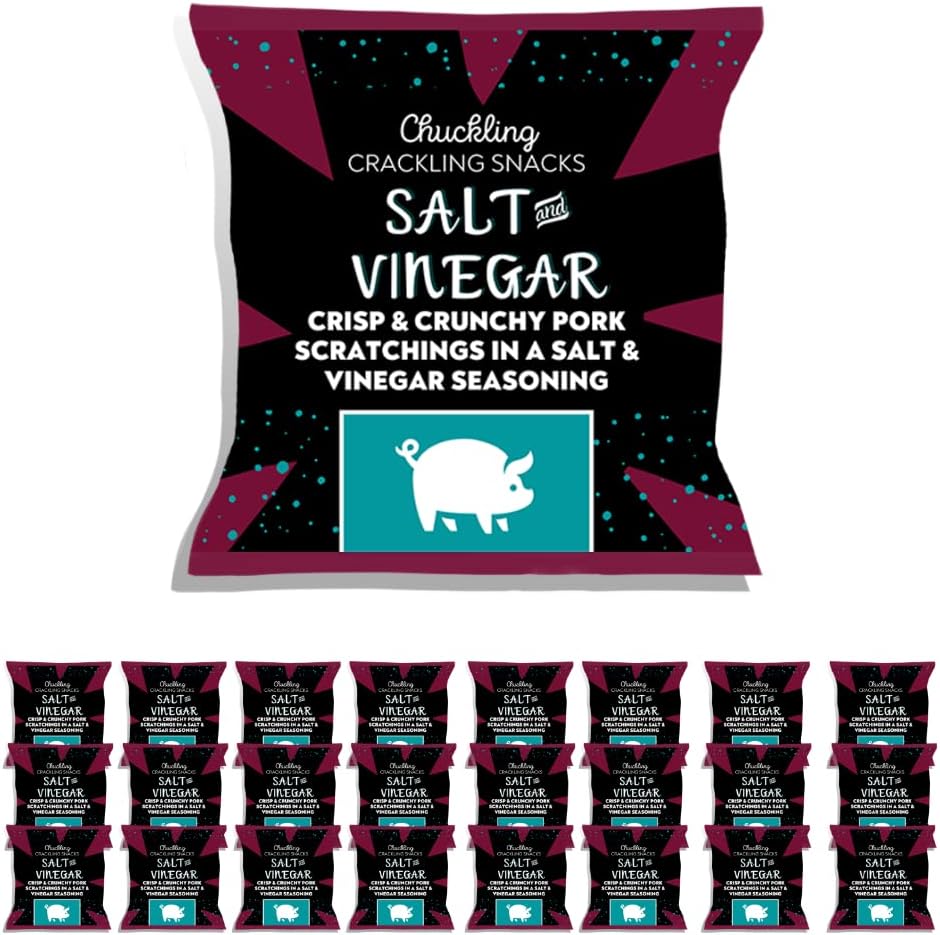 Salt & Vinegar Pork Scratchings Multi-Pack (24 x 50g) birthday gifts for him, high protein snack, meat snacks, keto friendly, premium crackling, pork rinds snacks. From Chuckling Snacks.